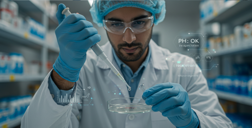 QC analist voert kwaliteitscontrole uit in een laboratorium met meetapparatuur