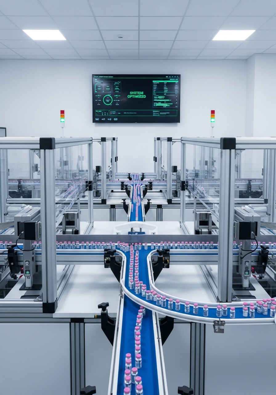 Een overzicht van een volledig geautomatiseerde, gestroomlijnde vul- en verpakkingslijn voor vials, die efficiënt en zonder menselijke tussenkomst opereert in een steriele omgeving.