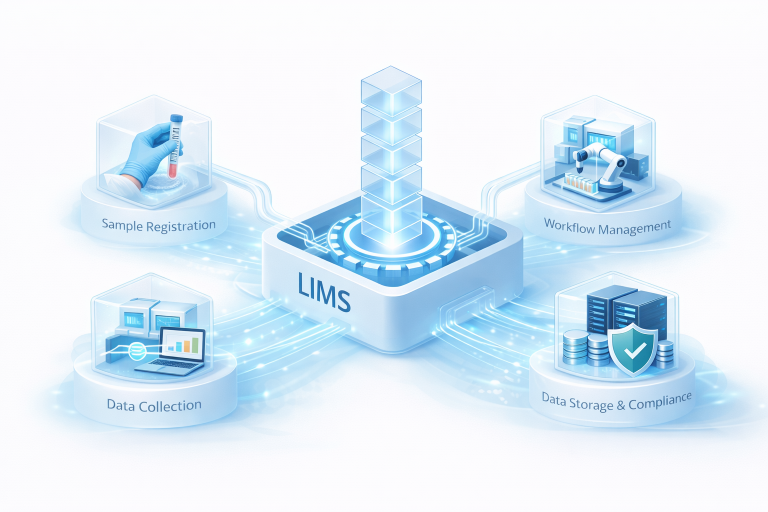 Visualisatie van hoe een LIMS systeem (Laboratory Information Management System) werkt met monsterregistratie, workflowbeheer, dataverzameling en dataopslag in een laboratorium.