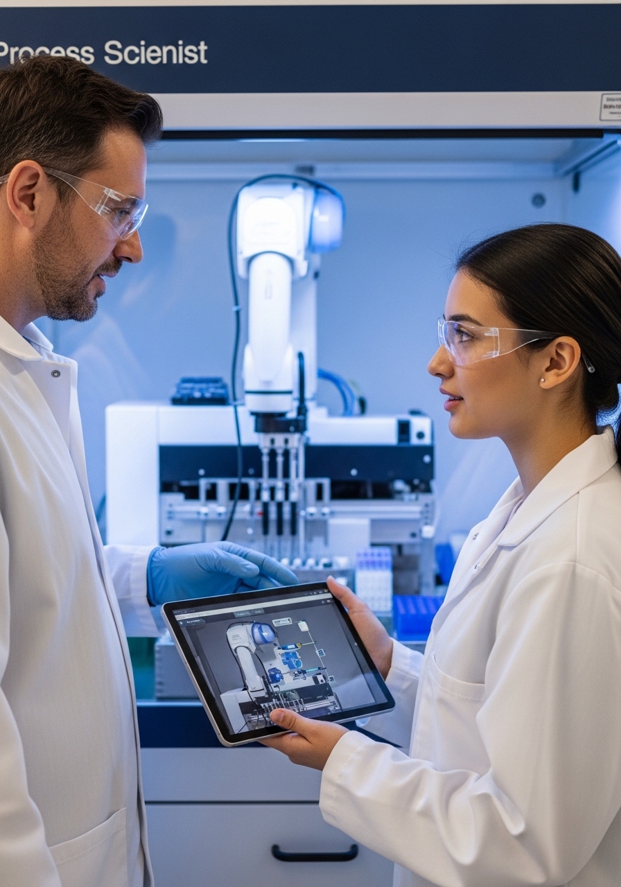 QEen Junior Lab Automation Engineer in een witte labjas krijgt on-the-job training van een senior collega bij het bedienen en kalibreren van een pipetteerrobot met behulp van een tablet interface.