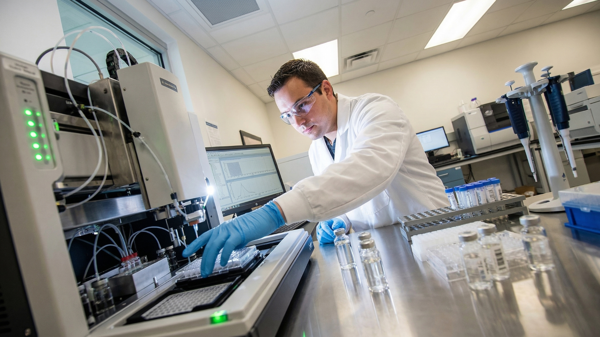 Analist werkt met geautomatiseerde laboratoriumapparatuur voor data-analyse