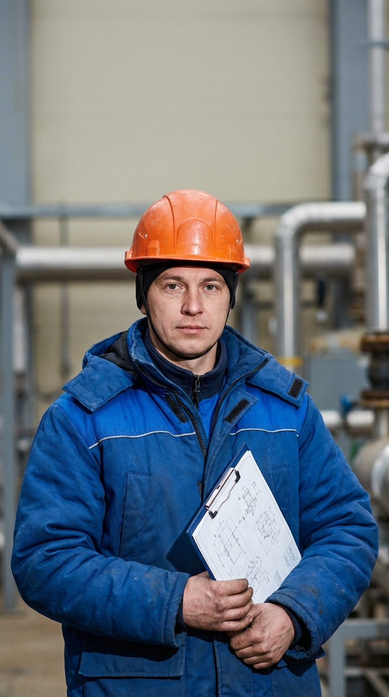 Portret van een mannelijke maintenance technician in een dikke blauwe werkjas en oranje helm, die een klembord met technische rapporten vasthoudt bij een installatie met buitenleidingwerk.