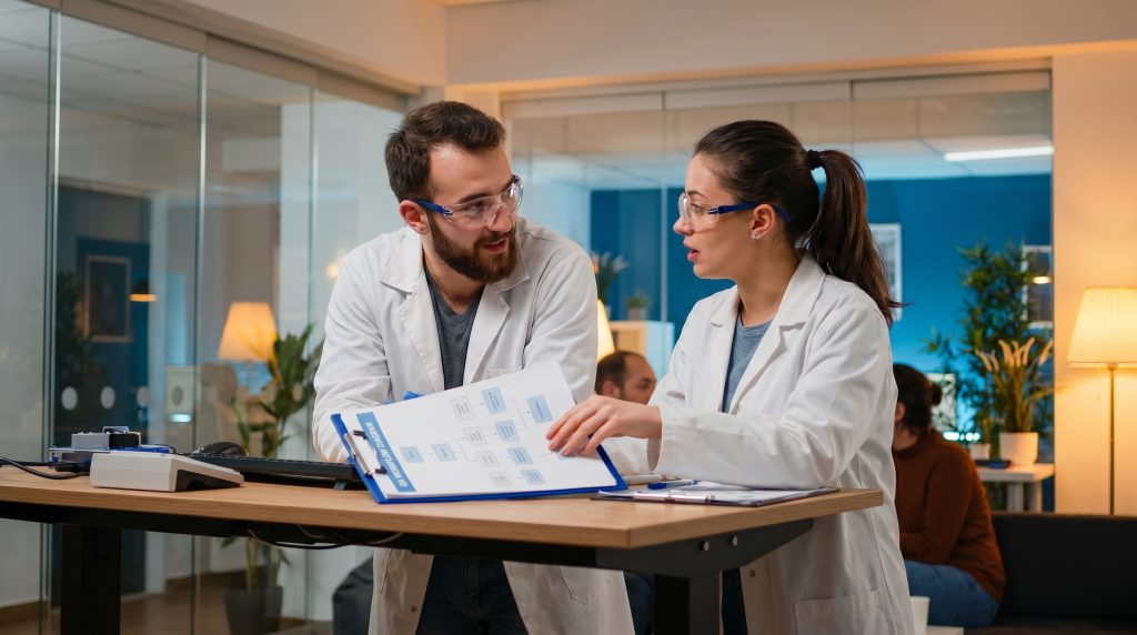 Twee jonge laboratorium experts in witte labjassen en veiligheidsbrillen bespreken een QA workflow diagram aan een bureau om de kwaliteit in het laboratorium te verbeteren.