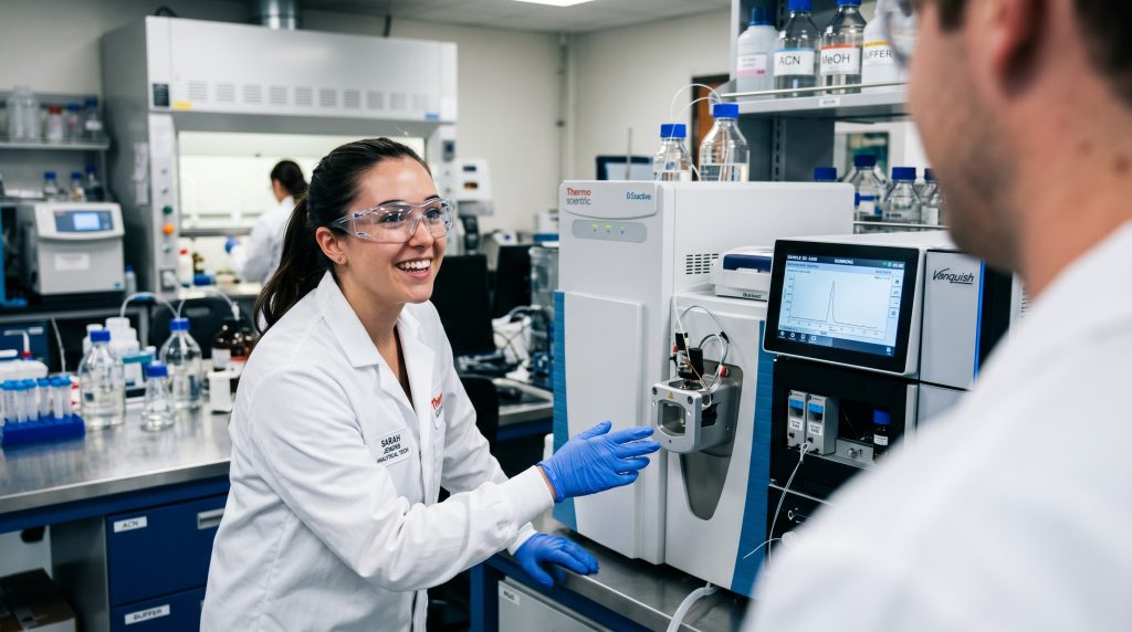 Professionele lab technician die testresultaten documenteert in een hightech labomgeving