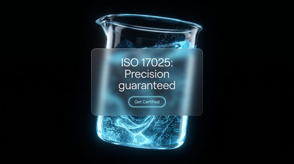 Een glazen laboratoriumbeker met gloeiende blauwe vloeistof en de tekst 'ISO 17025: Precision guaranteed'', die accreditatie en precisie voor kalibratielaboratoria visualiseert.