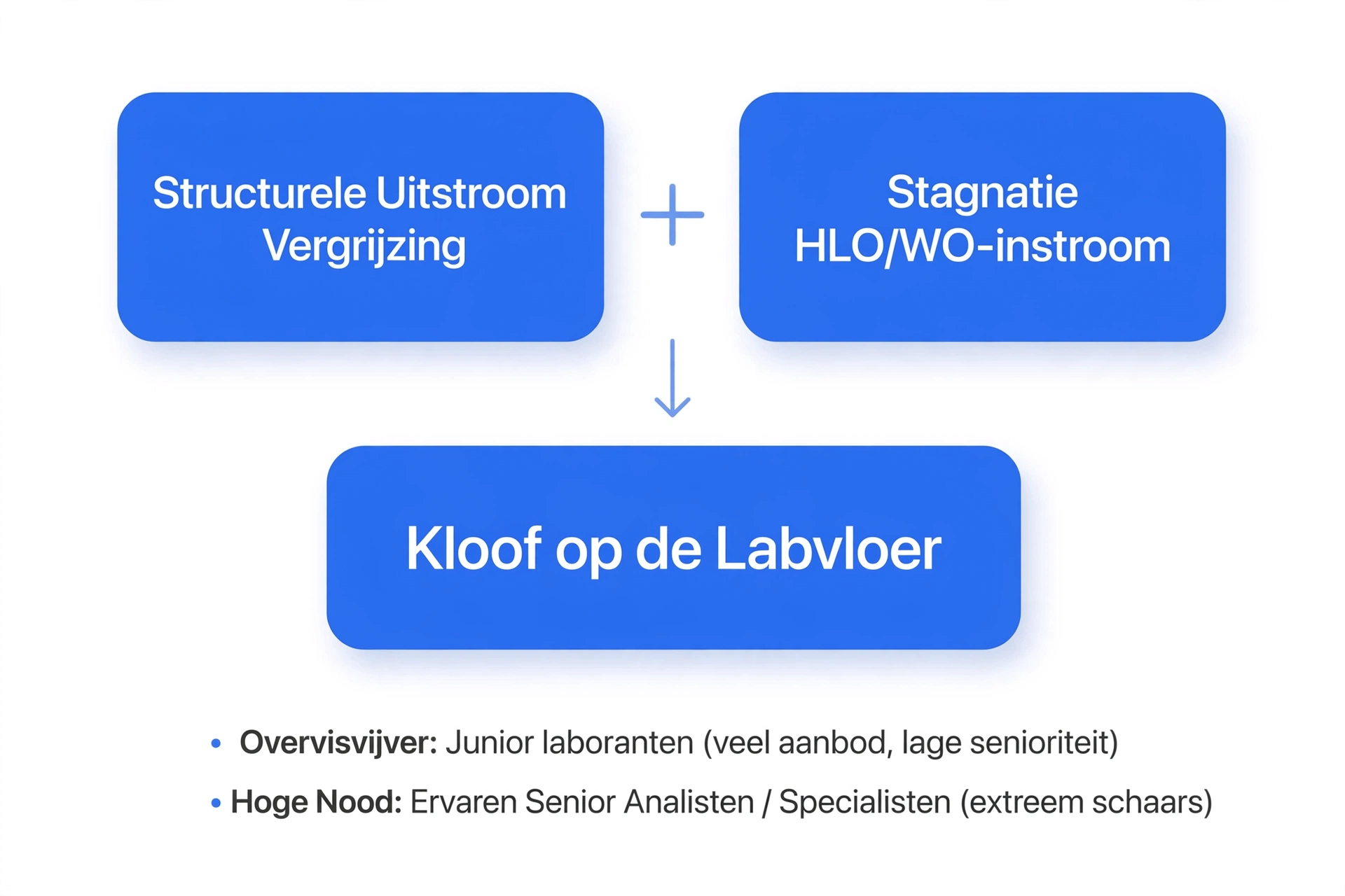 Infographic over de arbeidsmarktkrapte in laboratoria: een combinatie van structurele uitstroom door vergrijzing en stagnatie in de HLO/WO-instroom veroorzaakt een kloof op de labvloer, resulterend in een overschot aan junior laboranten en een groot tekort aan ervaren senior analisten.