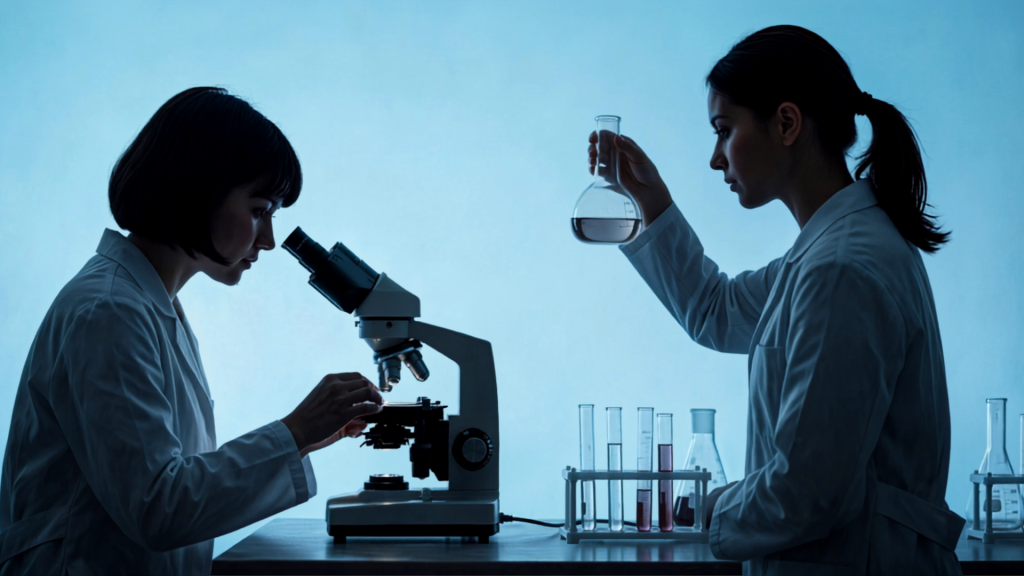 Silhouetten van twee vrouwelijke laboratoriumanalisten in witte jassen tegen een helderblauwe achtergrond. De analist links is gefocust op microscopisch onderzoek, wat duidt op werk als microbiologisch analist. De analist rechts houdt een kolf met vloeistof omhoog, typerend voor chemische analyses. Op de voorgrond staan reageerbuizen en kolven.