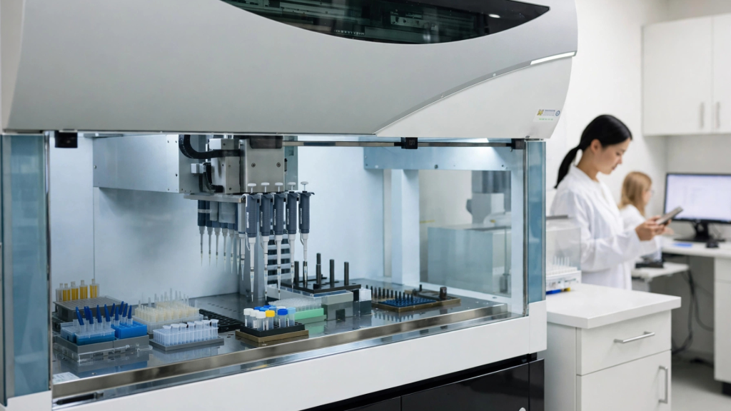 Geautomatiseerde pipetteerrobot voert monsters uit in een hightech laboratorium met labspecialisten op de achtergrond