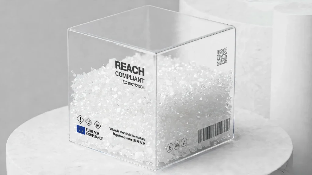 Afbeelding van een doorzichtige laboratoriumkubus gevuld met witte kristallen. De tekst op de kubus bevestigt: 'REACH COMPLIANT EC 1907/2006' en 'Geregistreerd onder EU REACH', met relevante GHS-pictogrammen en een QR-code