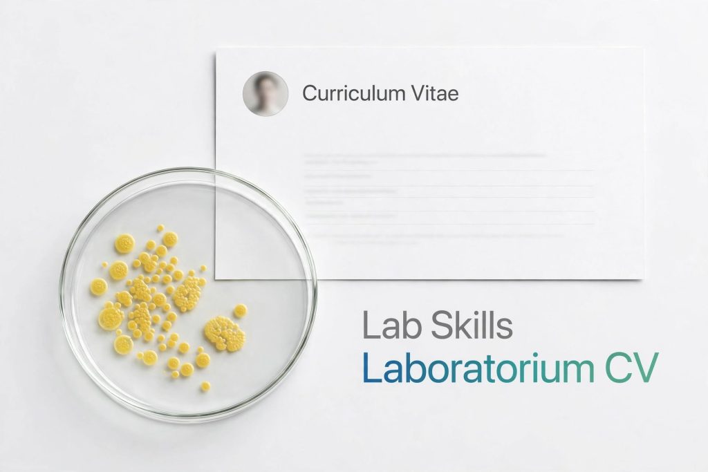Curriculum Vitae document naast een petrischaal met laboratoriummonsters en de tekst Lab Skills Laboratorium CV