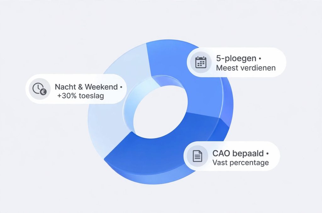 Infographic met een blauwe cirkeldiagram over ploegentoeslag, met labels voor nacht en weekend met dertig procent toeslag, vijf-ploegendienst met de hoogste verdiensten, en cao-bepalingen.